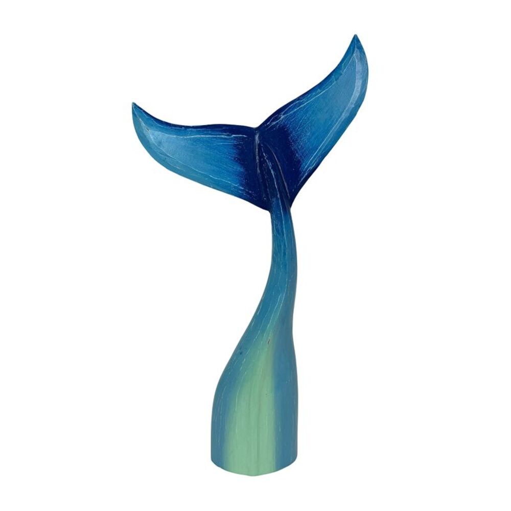 Things2die4 Blue Wood Whale Tail Statue 33 Inch Height Coastal Floor Sculpture